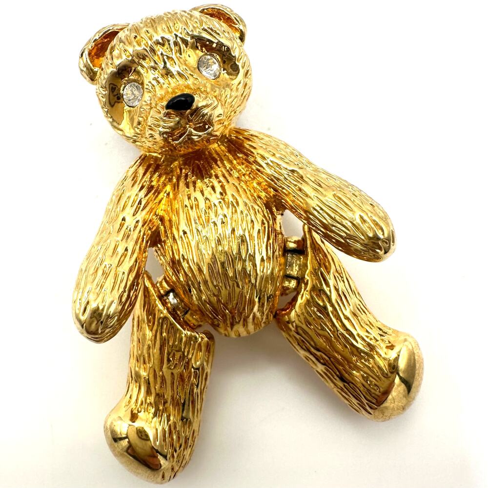 Butler vintage gold tone clear rhinestones articulated teddy bear figural brooch